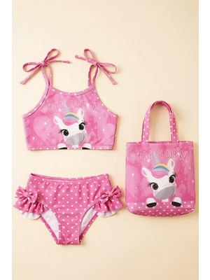 Modanino Kız Çocuk Çantalı 3'lü Mayo Takımı (Çanta+Mayo+Bikini) 3-10 Yaş 12649N