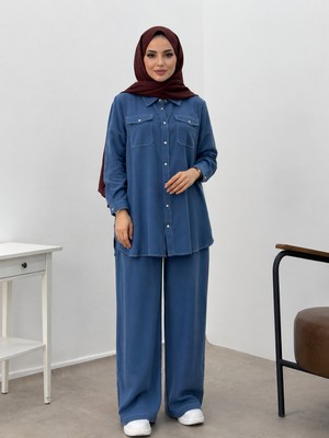 10653 Önden Düğmeli Beyaz Dikiş Geçişli Pantalon Bol Paça Spor Ikili Takım#26#