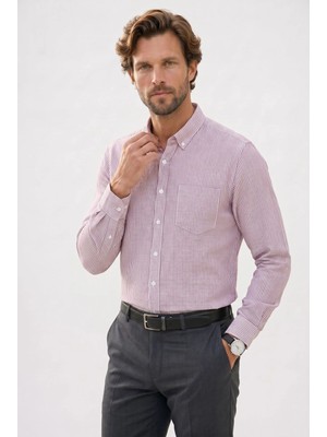 Tudors Erkek Slim Fit Dar Kesim %100 Pamuk Düğmeli Yaka Çizgili Uzun Kollu Cepli Keten Efektli Bordo Gömlek