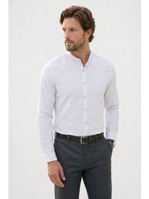 Tudors Erkek Slim Fit Dar Kesim Uzun Kollu %100 Pamuk Keten Doku Çizgili Hakim Yaka Gömlek