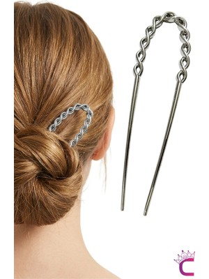 Cinderella Twist Model French Pin Kadın Gümüş Metal Topuz Tokası 12.5cm - Modern Çubuk Toka Saç Topuz Çubuğu