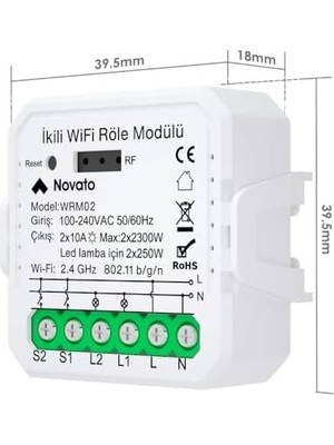 Skygo Uyumlu Akıllı Anahtar Modülü, Çift Çıkışlı, Anahtar Girişli, 2X10A - 220V Röle, Asistan ve Alexa Destekli