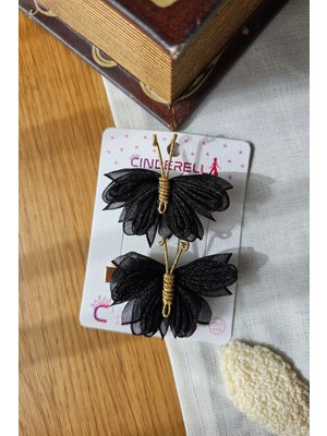 Cinderella 2'li Şık Siyah Tül Kanatlı Gold Detaylı Kelebek Toka Seti 5cm - Kelebekli Toka Pens Klips Saç Tokası