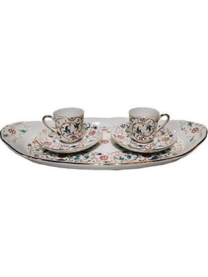 Skygo Güral Porselen Altın Yaldızlı El Dekoru 2 Kişilik Tepsili Türk Kahve Fincan Takımı