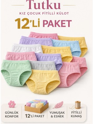 Tutku Kız Çocuk Fitilli Külot 12’li Ekonomik Paket – Yumuşak Esnek Pamuklu Iç Çamaşırı Seti
