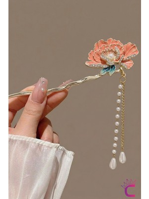 Cinderella Peony Zirkon Taşlı Pembe Çiçekli Japon Topuz Tokası 16CM - Zarif Sallantılı Incili Metal Çubuk Toka