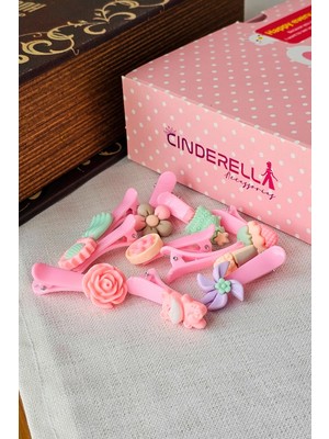 Cinderella 10'lu Sevimli Karışık Figürlü Pembe Tonlu Çocuk Pens Toka Seti - Bebek Klipsli Saç Tokası Hediyesi