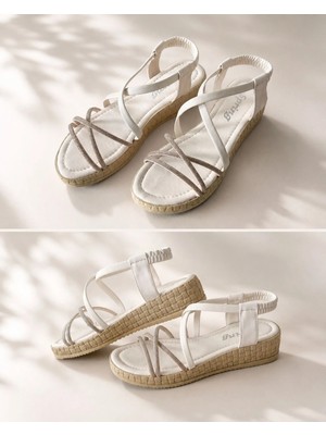 Mergenshoes Srg S28 Beyaz Günlük Çapraz Taşlı Kadın Sandalet