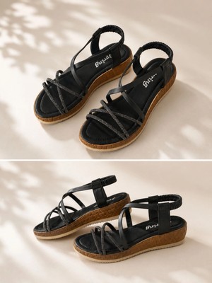 Mergenshoes Srg S28 Siyah Günlük Çapraz Taşlı Kadın Sandalet