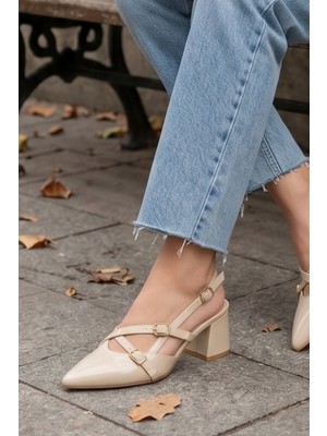 Liarca  Mary Jane Bej Rugan Çapraz Tokalı Slingback - Sivri Burun Alçak Kare Topuklu Elegant Kadın Ayakkabı