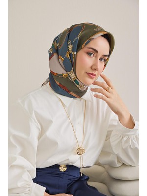 Silk Home Twill Ipek Eşarp Kemer Desen Indigo-Yeşil 90X90