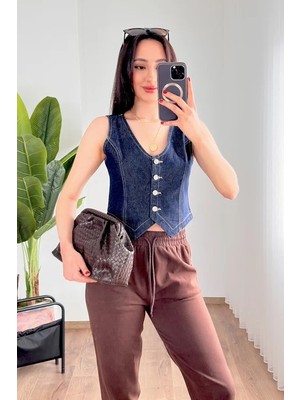 Lokadi Kadın V Yaka Denim Yelek