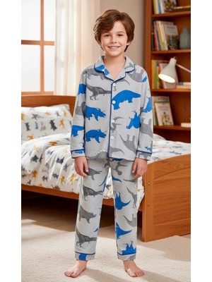 Enie Erkek Çocuk Dinazor Desenli 4 Mevsim Pijama Takımı +Gözbandı
