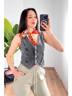 Lokadi Kadın V Yaka Denim Yelek