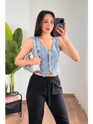 Lokadi Kadın V Yaka Denim Yelek
