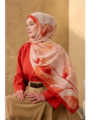 Silk Home Polyester Velina Şal Parlak Turuncu-Krem Desenli Parlak Dokulu Hafif 190X70