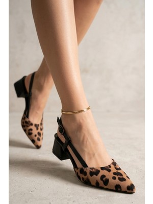 Liarca Leopar Desenli Sivri Burun Alçak Kare Topuklu Elegant Slingback Ayakkabı - Premium Kumaş Dokulu Arkası Açık Tasarım Ayakkabı
