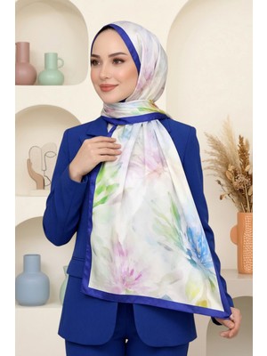 Hadiora Kadın Saks Mavisi Ekru Çiçek Desenli Soft Şal