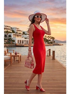 Lela Slim Fit Kalın Askılı Midi Elbise Bayan Elbise 5866154