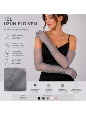 Hamiki Gri Renk Uzun Tül Gelin Eldiveni – Şık Nikah & Düğün Eldiveni