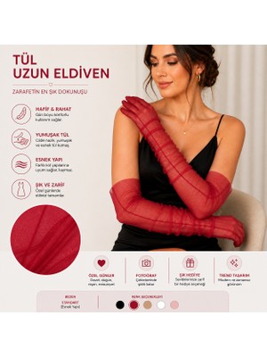 Hamiki Kırmızı Renk Uzun Tül Gelin Eldiveni – Şık Nikah & Düğün Eldiveni