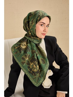 Silk Home Twill Ipek Eşarp Büyük Çiçek Zümrüt 90X90