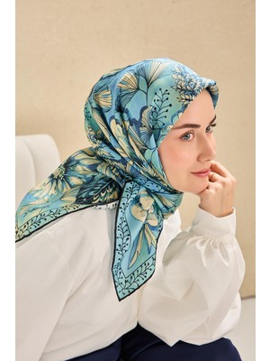 Silk Home Twill Ipek Eşarp Büyük Çiçek Mavi 90X90