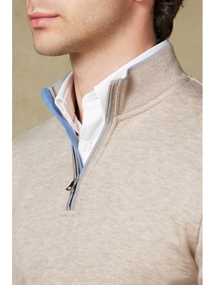 Abbate Fiero Örme Kumaş Viskon Karışımlı Modern Fit Bej Dik Yaka Erkek Düz Sweatshirt