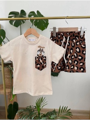 Butik Kız Çocuk Leopar Desenli  Pamuklu Şortlu 2'li Takım