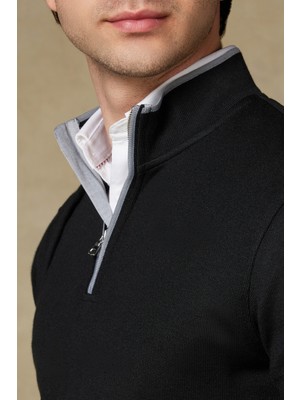 Abbate Fiero Örme Kumaş Viskon Karışımlı Modern Fit Siyah Dik Yaka Erkek Düz Sweatshirt