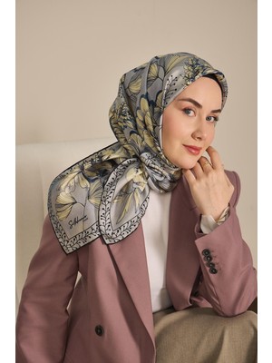 Silk Home Twill Ipek Eşarp Büyük Çiçek Mavi Gri 90X90