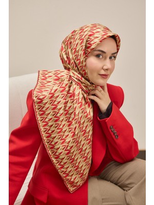 Silk Home Twill Ipek Eşarp Yaprak Ritmi Kırmızı Krem 90X90