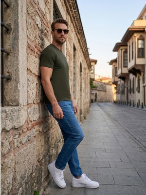 Etikmen Premium  %100 Organik Pamuk Basic Slimfit Haki Erkek Tişört