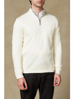 Abbate Fiero Örme Kumaş Viskon Karışımlı Modern Fit Ekru Dik Yaka Erkek Düz Sweatshirt