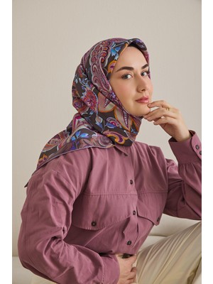 Silk Home Twill Ipek Eşarp Badem Motif Desen Kahverengi 90X90