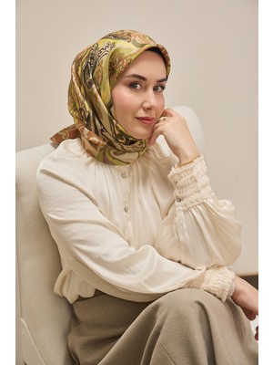 Silk Home Twill Ipek Eşarp Art Desen Yeşil Sarı 90X90