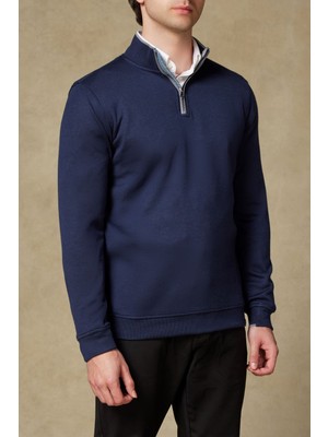 Abbate Fiero Örme Kumaş Viskon Karışımlı Modern Fit Lacivert Dik Yaka Erkek Düz Sweatshirt