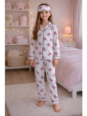 Enie Kız Çocuk Kiraz Desenli 4 Mevsim Göz Bantlı Pijama Takımı