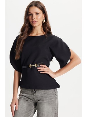 Tudors Kadın Slim Fit Dar Kesim Kol Detaylı Ince Kemerli Fermuarlı Siyah Bluz