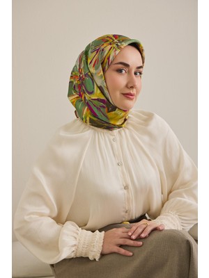 Silk Home Twill Ipek Eşarp Floral Art Desen Koyu Yeşil 90X90