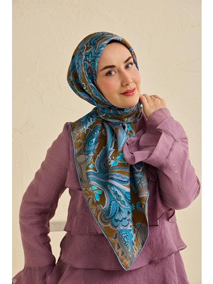 Silk Home Twill Ipek Eşarp Badem Motif Desen Taba 90X90