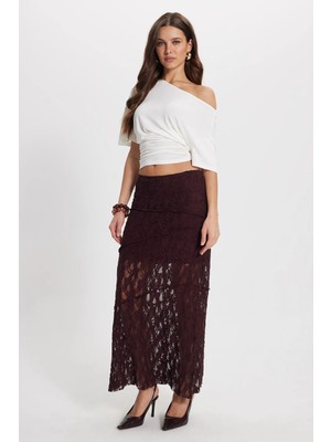 Tudors Kadın Slim Fit Dar Kesim Lastikli Yüksek Bel Dantelli Bordo Etek 