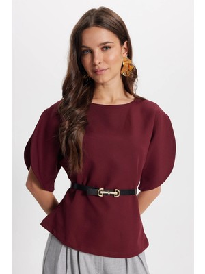 Tudors Kadın Slim Fit Dar Kesim Kol Detaylı Ince Kemerli Fermuarlı Bordo Bluz