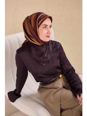 Silk Home Twill Ipek Eşarp Kıvrımlı Şerit Kiremit 90X90
