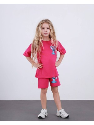 Miniko Kids Kız Çocuk Stitch Modelli Pamul Şortlu Takım