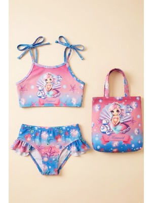 Modanino Kız Çocuk Çantalı 3'lü Mayo Takımı (Çanta+Mayo+Bikini) 3-10 Yaş 12648N