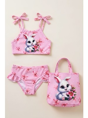 Modanino Kız Çocuk Çantalı 3'lü Mayo Takımı (Çanta+Mayo+Bikini) 3-10 Yaş 12648N