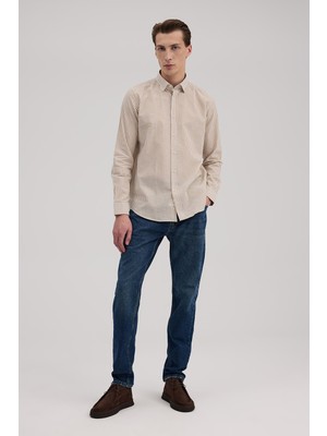 Jakamen Taba Comfort Fit Keten Karışımlı Çizgili Gömlek