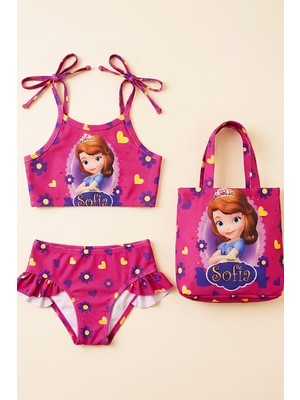 Modanino Kız Çocuk Çantalı 3'lü Mayo Takımı (Çanta+Mayo+Bikini) 3-10 Yaş 12648N