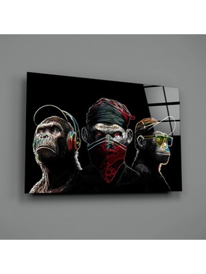 İnsigneart 3 Bilge Maymun - Neon Çizgiler Cam Tablo || Tasarımcı Koleksiyonu